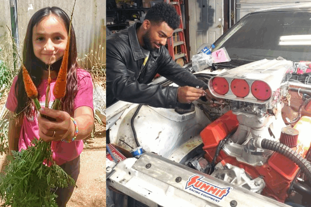 A Kids with Carrots and a kids working on a car